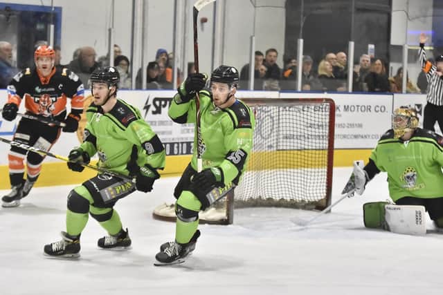Jamie Chilcott, centre, in action for Hull Pirates against Telford Tigers during the 2019-20 NIHL National season. Picture courtesy of Steve Brodie.