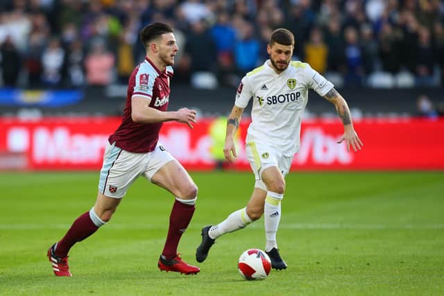 Declan Rice and Mateusz Klich contest the ball during West Ham United's 2-0 FA Cup victory over Leeds United. Pic: Craig Mercer