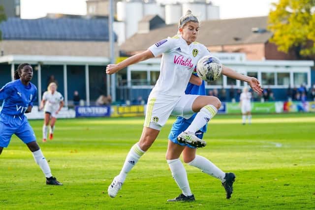 Sarah Danby claims the ball during a Division One North game against Stockport County. Pic: LUFC.