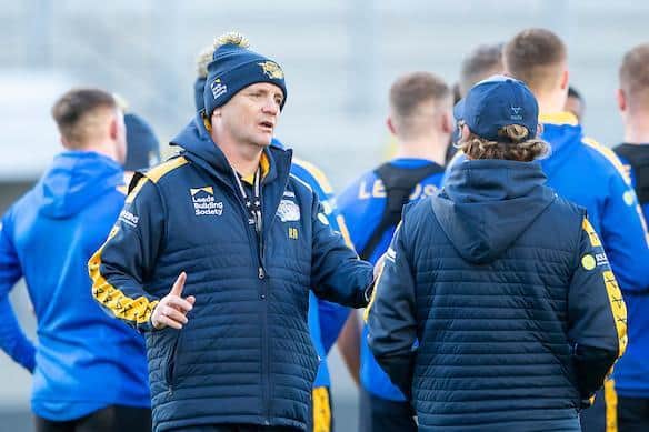 Richard Agar, facing camera, is pleased with how Rhinos' pre-season has gone so far. Picture by Allan McKenzie/SWpix.com.