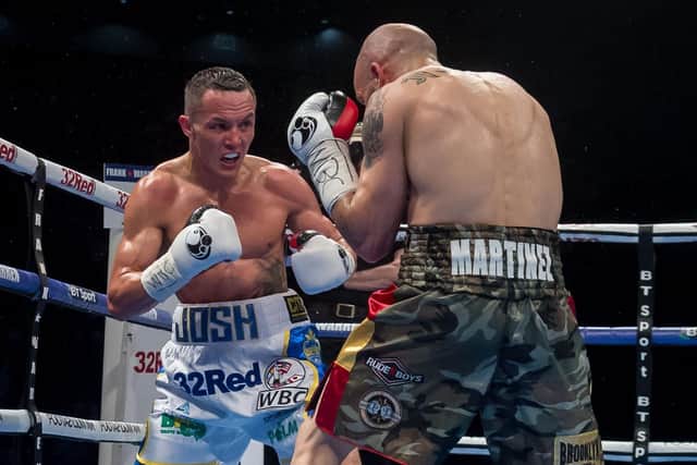 Josh Warrington goes on the attack against Kiko Martinez in 2017. Warrington will take on Martinez again in March for the IBF title. Picture: James Hardisty.