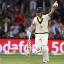 Century salute: Australia's Travis Head celebrates making 100 runs against England. Picture: AP Photo/Tertius Pickard