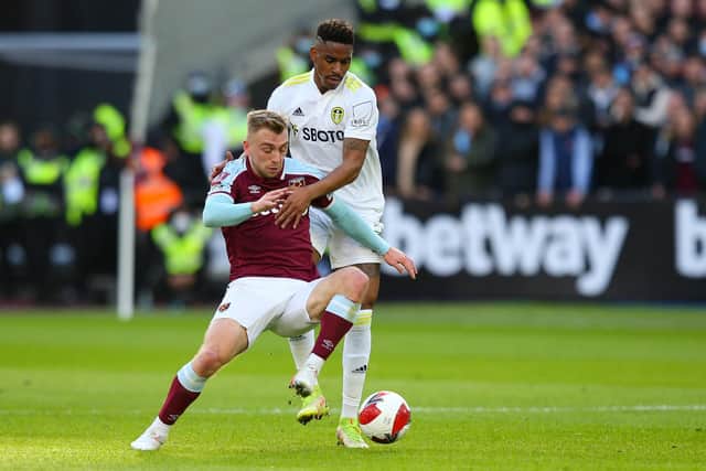 Leeds United full-back Junior Firpo in action at West Ham. Pic: Getty