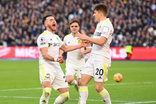 Jack Harrison celebrates with Daniel James after scoring his third goal at West Ham. Picture: Mike Hewitt/Getty Images.