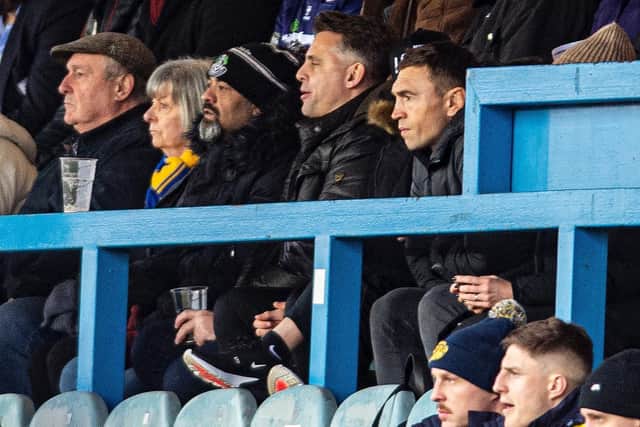 Former Rhinos captain Kevin Sinfield, top right of picture, was in the crowd at Featherstone and saw his son, Jack, kick two second half goals. Picture by Tony Johnson.