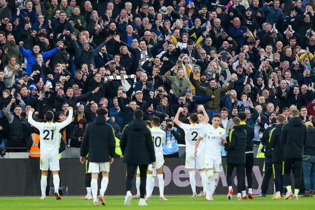 THRILLING TRIUMPH: Leeds United's players celebrate Sunday's epic 3-2 success at West Ham United in front of an ecstatic away end at the London Stadium. Photo by Craig Mercer/MB Media/Getty Images.