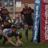 Craig Mawson's try which secured Lock Lane's Challenge Cup win over Thatto Heath. Picture by Matthew Merrick.