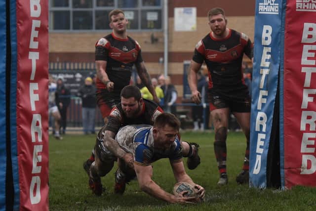 Craig Mawson's try which secured Lock Lane's Challenge Cup win over Thatto Heath. Picture by Matthew Merrick.