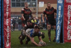 Craig Mawson's try which secured Lock Lane's Challenge Cup win over Thatto Heath. Picture by Matthew Merrick.