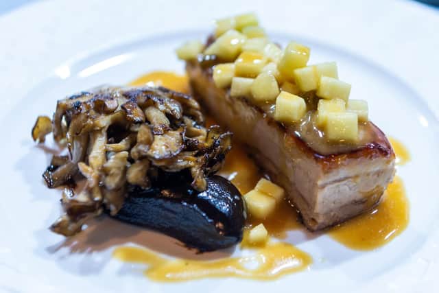 Mark's glazed belly pork with mushroom caramel, granny smith apple, apple butter sauce and hen of wood mushrooms (Photo: James Hardisty)