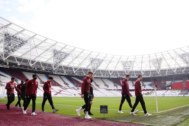 'REMATCH': West Ham United's players arrive at the London Stadium for Sunday's Premier League clash against Leeds United. Photo by Alex Pantling/Getty Images.