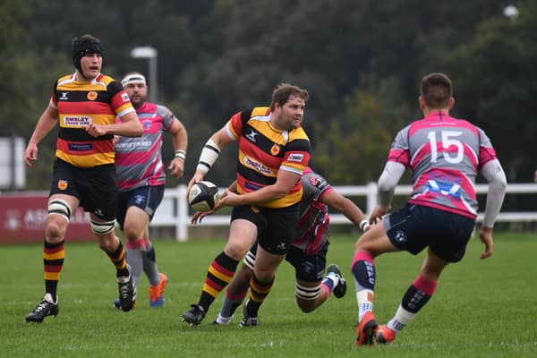 Harrogate's Steven Maycock, with ball, scored two tries against Blaydon. Picture: Gerard Binks.