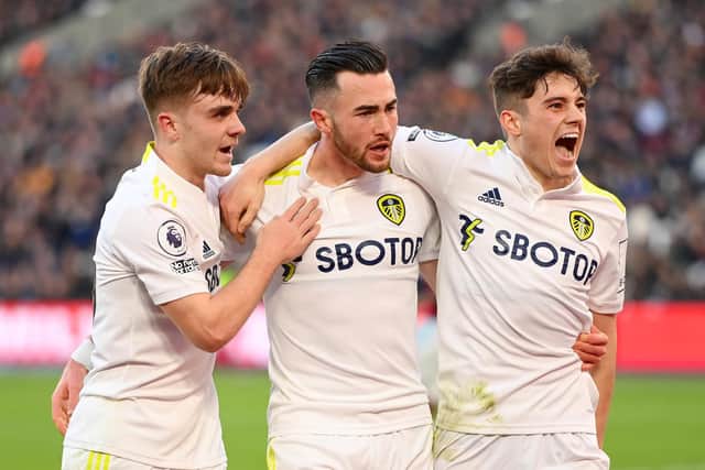 MAKE MINE A TREBLE: Jack Harrison, centre, celebrates completing his Leeds United hat-trick. Photo by Mike Hewitt/Getty Images.