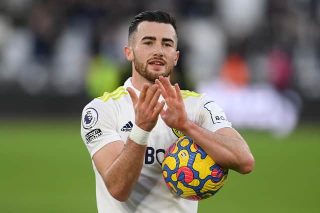 Leeds United's Jack Harrison salutes the visiting fans after his West Ham hat-trick. Pic: Getty