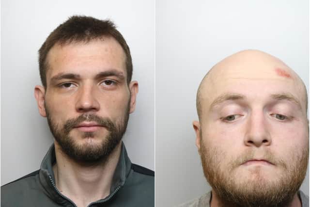Aaron Knowles (right) was given an extended prison sentence of nine years and three months for stabbing two 15-year-old boys during a daylight attack in Beeston, Leeds. Sam Thompson (left) was locked up for two years for his involvement in the incident.