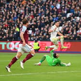 Jack Harrison fires past West Ham United 'keeper Lukasz Fabianski to complete his Leeds United hat-trick. Photo by Mike Hewitt/Getty Images.