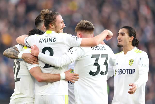 Luke Ayling celebrates with his Leeds United teammates during the Whites' 3-2 win over West Ham United. Pic: Alex Pantling.