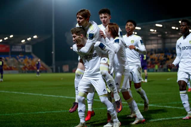 ELATION: Leeds United's under-23s celebrate as Charlie Allen doubles the Whites advantage against Derby County. Picture by LUFC.