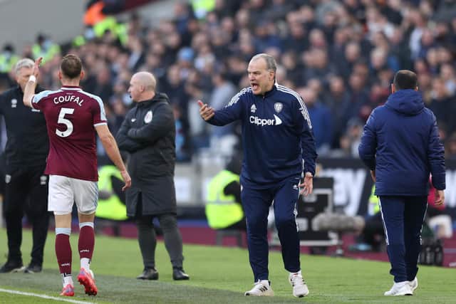 MASTERSTROKE: From Leeds United head coach Marcelo Bielsa, centre, pictured shouting the instructions in Sunday's 3-2 victory at West Ham United. Photo by Alex Pantling/Getty Images.