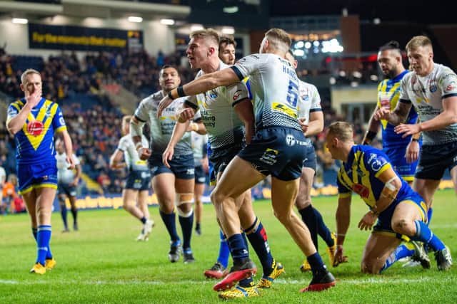 Jack Walker celebrates scoring against Warrington in February 2020, the game which began his injury nightmare. Picture by Bruce Rollinson.