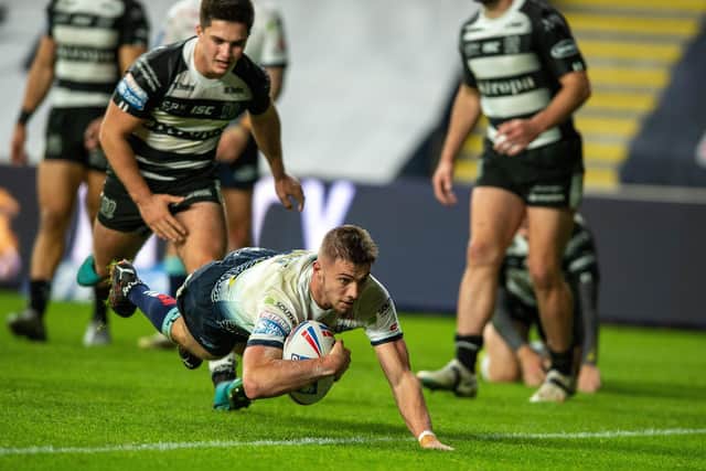 Jack Walker touches down against Hull in October, 2020. Picture by Bruce Rollinson.