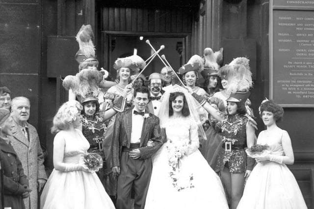 A wedding group outside Holy Trinity church on Boar Lane in January 1962. Danny Ashcroft, chimpanzee trainer, married Joan Burnell, a circus showgirl. It was captured by Photopress (Leeds Ltd). PIC: West Yorkshire Archive Service