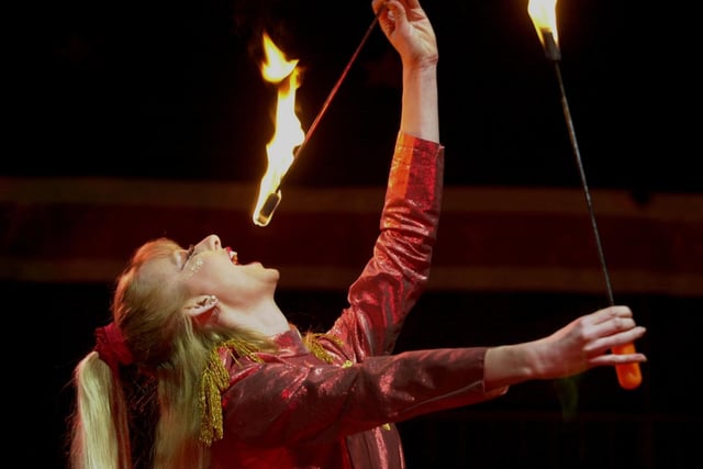 Michelle Northwood performing at Cottrell and Austin Circus as a fire eater on Woodhouse Moor in April 2003. She was a former pupil at Notre Dame School in Leeds.