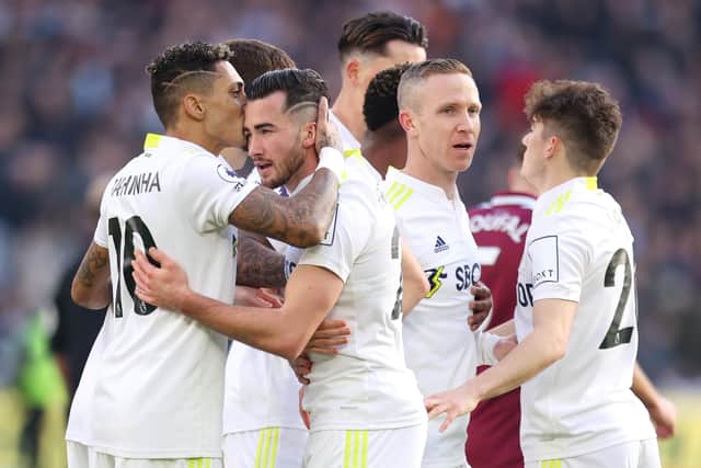 Jack Harrison celebrates with team-mates after scoring Leeds United's first goal at West Ham. Picture: Alex Pantling/Getty Images.