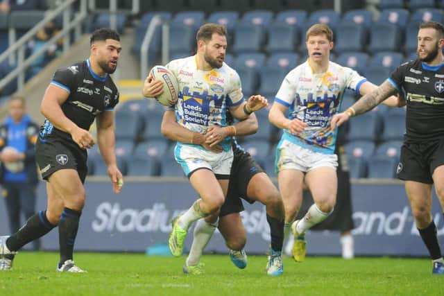 Aidan Sezer, with ball, reckons Rhinos are improving with every pre-season game. Picture by Steve Riding.