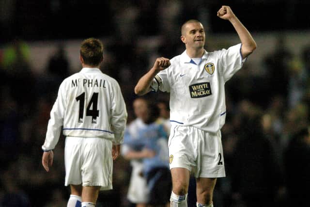 Leeds United captain Dominic Matteo celebrates after a 2-1 win over Manchester City on  March 22 2004. 

Photo: Jonathan Gawthorpe