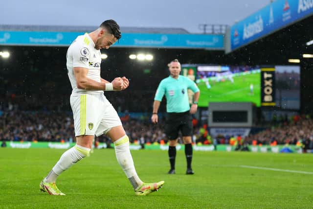 Jack Harrison celebrates scoring his first Premier League goal of the season during Leeds United's 3-1 win over Burnley at Elland Road. Pic: Robbie Jay Barratt.