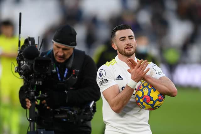 Jack Harrison holds the match-ball after scoring a hat-trick during Leeds United's 3-2 win over West Ham United. Pic: Mike Hewitt.