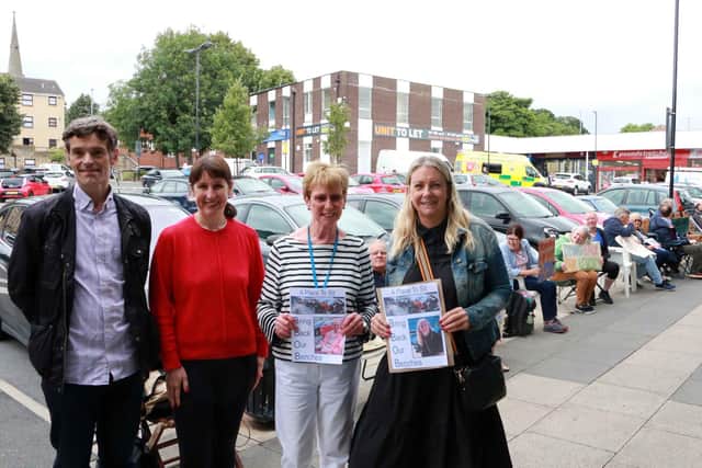 Bramley Councillors, Kevin Ritchie, Julie Heselwood and Caroline Gruen and local MP Rachel Reeves at a protest organised by community group A Place To Sit.