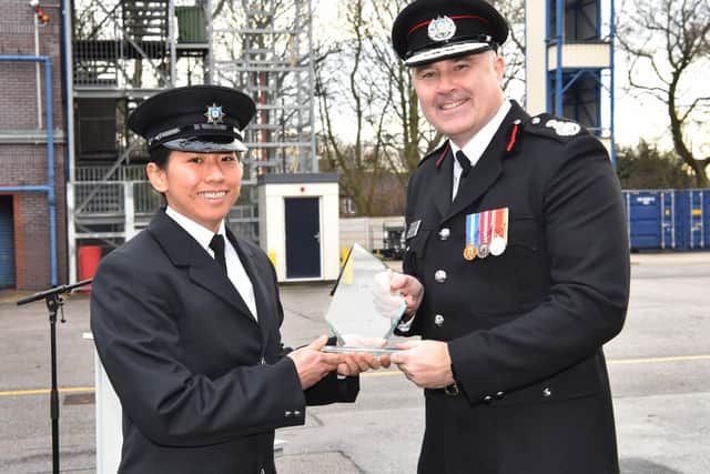 Stefanie Sim with John Roberts,Chief Fire Officer of West Yorkshire Fire and Rescue Service.