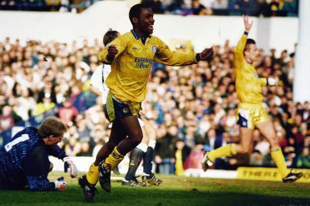 Rod Wallace celebrates scoring against Tottenham Hotspur at White Hart Lane in March 1992.