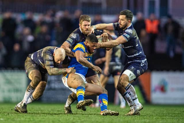 Levi Edwards in action for Rhinos against Featherstone. Picture by Tony Johnson.