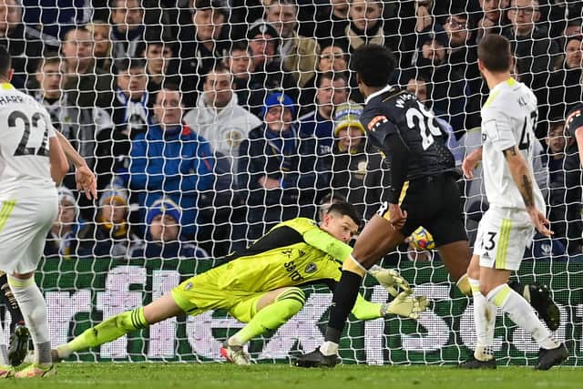 TOON TROUBLE: Leeds United 'keeper Illan Meslier is unable to keep out Jonjo Shelvey's free-kick for Newcastle United which proves the difference in Saturday's Premier League clash at Elland Road. Photo by PAUL ELLIS/AFP via Getty Images.
