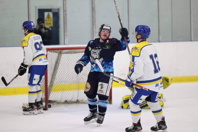 Lee Bonner celebrates his second goal against Leeds Knights. Picture courtesy of Peter Best/Steeldogs Media