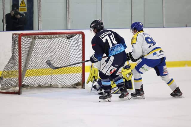 Sheffield Steeldogs’ Lee Bonner scores one of his three goals against Leeds Knights. Picture: courtesy of Peter Best/Steeldogs media.