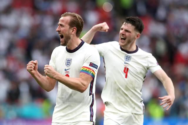 England's Harry Kane (left) and Declan Rice. England made the most of home advantage at the delayed 2020 European Championship – six of their seven games were at Wembley – to reach their first major final since the 1966 World Cup. England is set to compete in Qatar this winter. Photo: PA