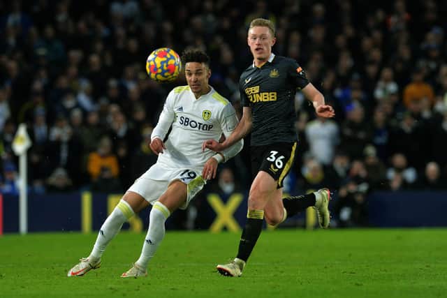 Leeds United's Rodrigo takes on Newcastle United's Sean Longstaff. 
Picture: Jonathan Gawthorpe.