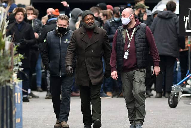 Samuel L. Jackson was spotted in Leeds today dressed as Nick Fury, filming a new Marvel series. Picture: Jonathan Gawthorpe.