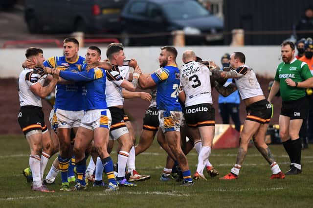 Rhinos' 'friendly' win at Bulls got heated at times. Picture by Jonathan Gawthorpe.