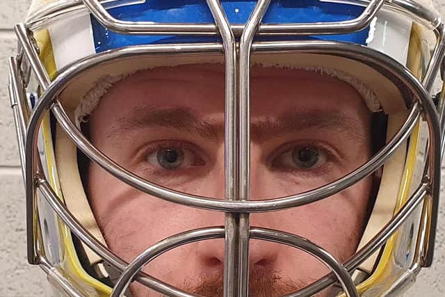 Sam Gospel, donning his 2021-22 Leeds Knights mask, created by Anarchy Airbrushing. Picture: Phil Harrison