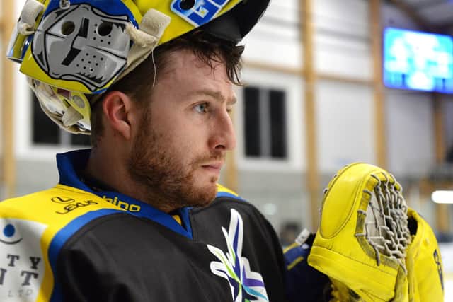 MAN BEHIND THE MASK: Leeds Knights' goaltender Sam Gospel, pictured before warm-up ahead of last Friday's NIHL National derby clash against Sheffield Steeldogs. Picture: Bruce Rollinson