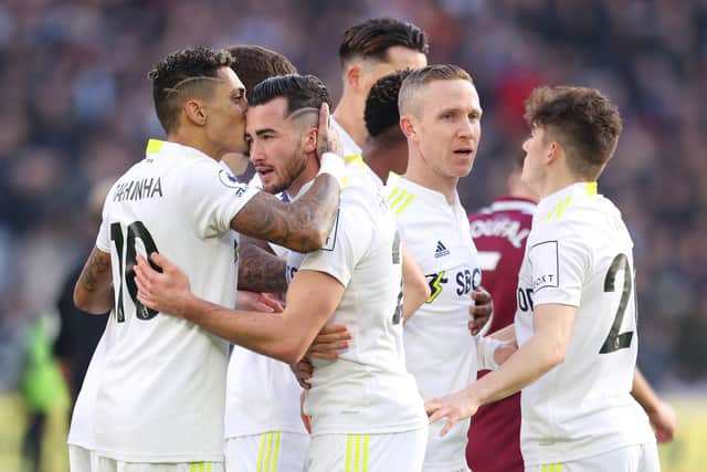 Jack Harrison celebrates with his Leeds United teammates after giving the Whites a 1-0 lead against West Ham in the Premier League. Pic: Alex Pantling.