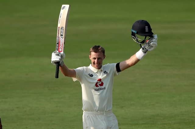 SPECIAL MEMORY: England Test captain Joe Root celebrates his first hundred on the way towards a memorable double-century against India in Chennai in February last year, one of many knocks that has seen him names Men’s Test Cricketer of the Year Picture: Saikat Das/Sportzpics for BCCI