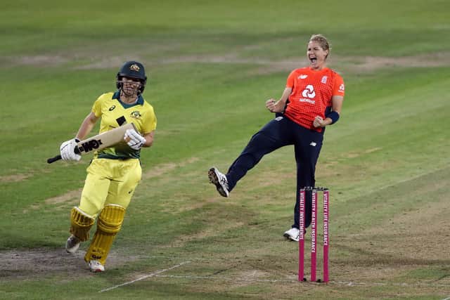 England's Katherine Brunt celebrates taking the wicket of Australia's Georgia Wareham Picture: David Davies/PA