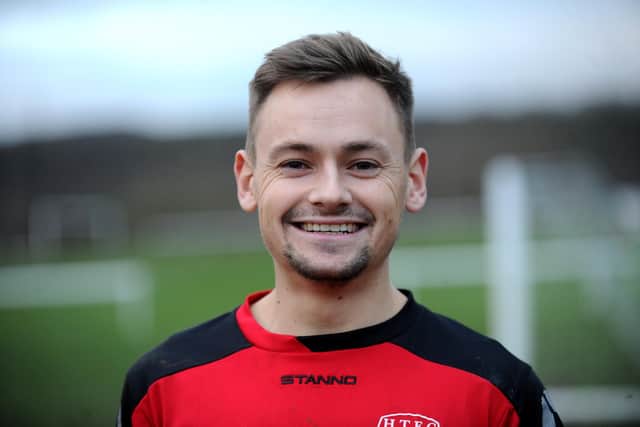 Luke Playford who scored for Horbury Town in the 1-1 draw with West Yorkshire League Premier Division title rivals Beeston St Anthony. Picture: Steve Riding.