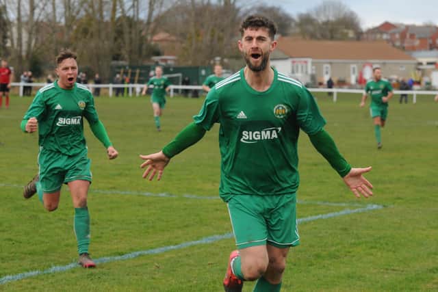 Barrie Frankland scores for Beeston St Anthony in the 1-1 draw at West Yorkshire League Premier Division title rivals Horbury Town. Picture: Steve Riding.